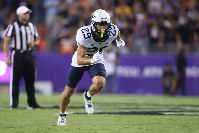 Sep 30, 2023; Fort Worth, Texas, USA; West Virginia Mountaineers wide receiver Preston Fox (29) runs a pass pattern in the first quarter against the TCU Horned Frogs at Amon G. Carter Stadium. Mandatory Credit: Tim Heitman-USA TODAY Sports