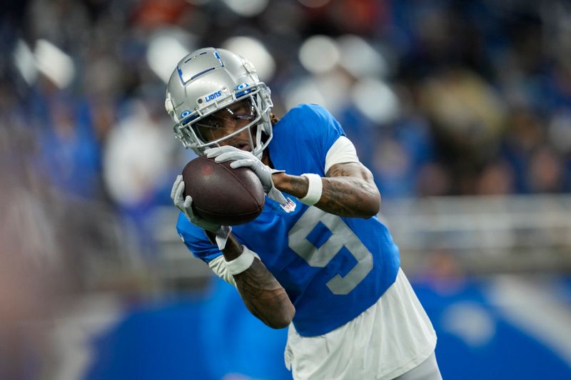 Detroit Lions wide receiver Jameson Williams warms up before the first half of an NFL football game against the Chicago Bears, Sunday, Jan. 1, 2023, in Detroit. (AP Photo/Paul Sancya)