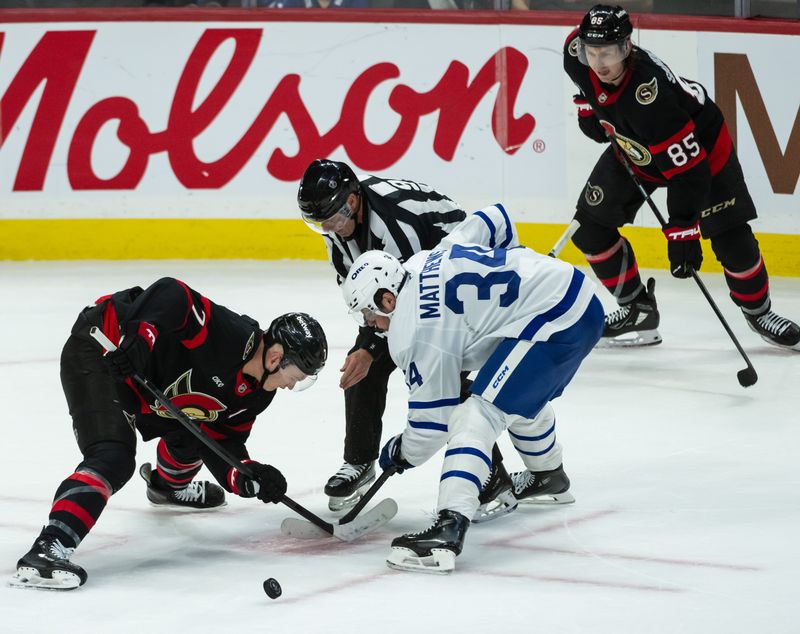 Jan 25, 2025; Ottawa, Ontario, CAN; Ottawa Senators left wing Brady Tkachuk (7) faces off against Toronto Maple Leafs center Auston Matthews (34) in the third period at the Canadian Tire Centre. Mandatory Credit: Marc DesRosiers-Imagn Images