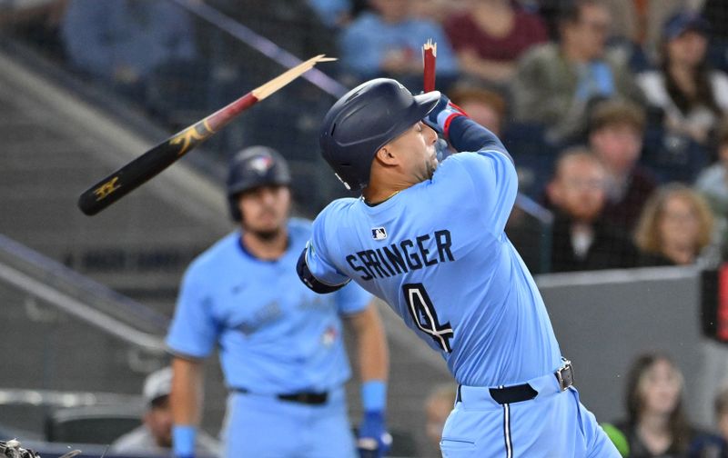 Apr 20, 2025; Toronto, Ontario, CAN;  Toronto Blue Jays center fielder George Springer (4) breaks his bat grounding out against the Seattle Mariners in the fourth inning at Rogers Centre. Mandatory Credit: Dan Hamilton-Imagn Images