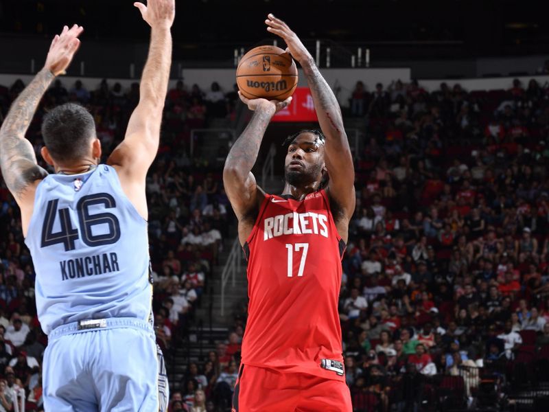 HOUSTON, TX - OCTOBER 25: Tari Eason #17 of the Houston Rockets shoots the ball during the game against the Memphis Grizzlies on October 25, 2024 at the Toyota Center in Houston, Texas. NOTE TO USER: User expressly acknowledges and agrees that, by downloading and or using this photograph, User is consenting to the terms and conditions of the Getty Images License Agreement. Mandatory Copyright Notice: Copyright 2024 NBAE (Photo by Logan Riely/NBAE via Getty Images)