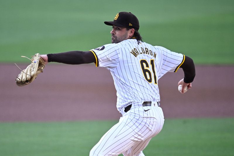 Jul 6, 2024; San Diego, California, USA; San Diego Padres starting pitcher Matt Waldron (61) pitches against the Arizona Diamondbacks during the first inning at Petco Park. Mandatory Credit: Orlando Ramirez-USA TODAY Sports