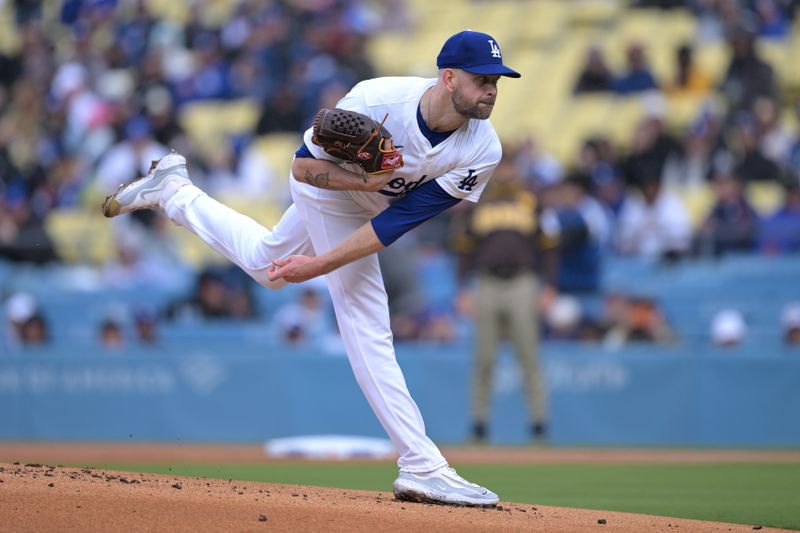 Apr 14, 2024; Los Angeles, California, USA; Los Angeles Dodgers pitcher James Paxton (65) throws to the plate in the first inning against the San Diego Padres at Dodger Stadium. Mandatory Credit: Jayne Kamin-Oncea-USA TODAY Sports