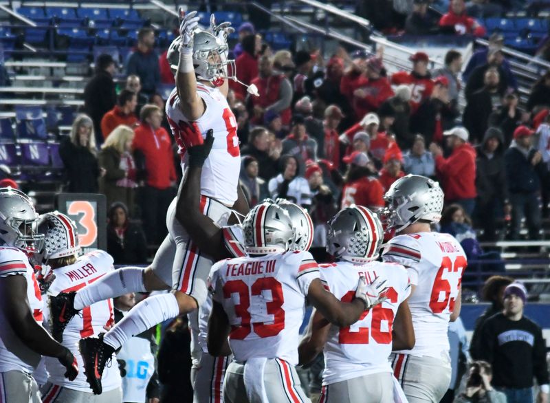 Oct 18, 2019; Evanston, IL, USA; Ohio State Buckeyes tight end Jeremy Ruckert (88) celebrates his touchdown against the Northwestern Wildcats during the second half at Ryan Field. Mandatory Credit: David Banks-USA TODAY Sports