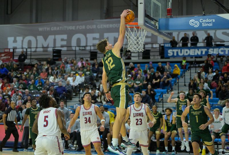 Dec 22, 2023; Los Angeles, California, USA; Colorado State Rams forward Patrick Cartier (12) goes up for a dunk in the final seconds of the game against the Loyola Marymount Lions at Gersten Pavilion. Mandatory Credit: Jayne Kamin-Oncea-USA TODAY Sports