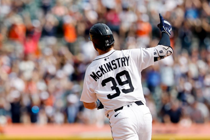 Sep 20, 2025; Detroit, Michigan, USA;  Detroit Tigers third base Zach McKinstry (39) celebrates after he hits a home run in the sixth inning against the Atlanta Braves at Comerica Park. Mandatory Credit: Rick Osentoski-Imagn Images