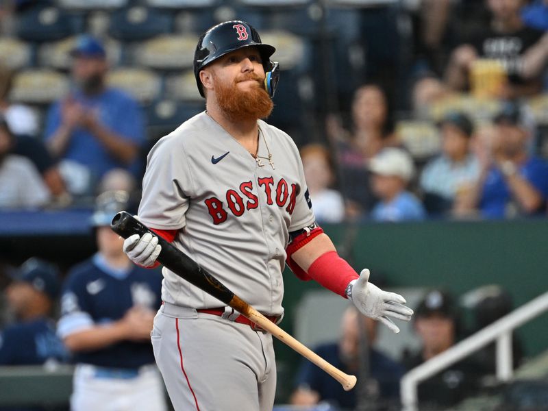 Sep 1, 2023; Kansas City, Missouri, USA; Boston Red Sox designated hitter Justin Turner (2) reacts after striking out in the first inning against the Kansas City Royals at Kauffman Stadium. Mandatory Credit: Peter Aiken-USA TODAY Sports