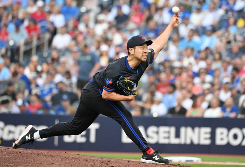 Jun 17, 2024; Toronto, Ontario, CAN;  Toronto Blue Jays starting pitcher Yusei Kikuchi (16) delivers a pitch against the Boston Red Sox in the first inning at Rogers Centre. Mandatory Credit: Dan Hamilton-USA TODAY Sports