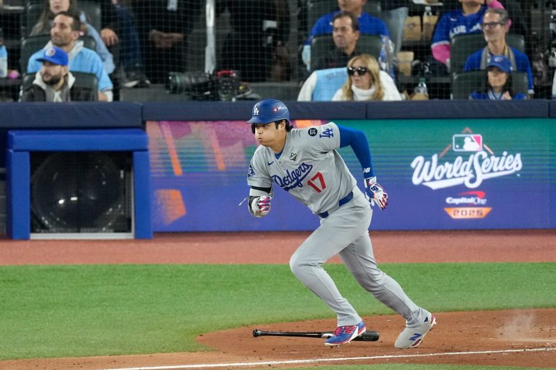 Oct 24, 2025; Toronto, Ontario, CAN; Los Angeles Dodgers designated hitter Shohei Ohtani (17) grounds out against the Toronto Blue Jays in the second inning during game one of the 2025 MLB World Series at Rogers Centre. Mandatory Credit: Kevin Sousa-Imagn Images