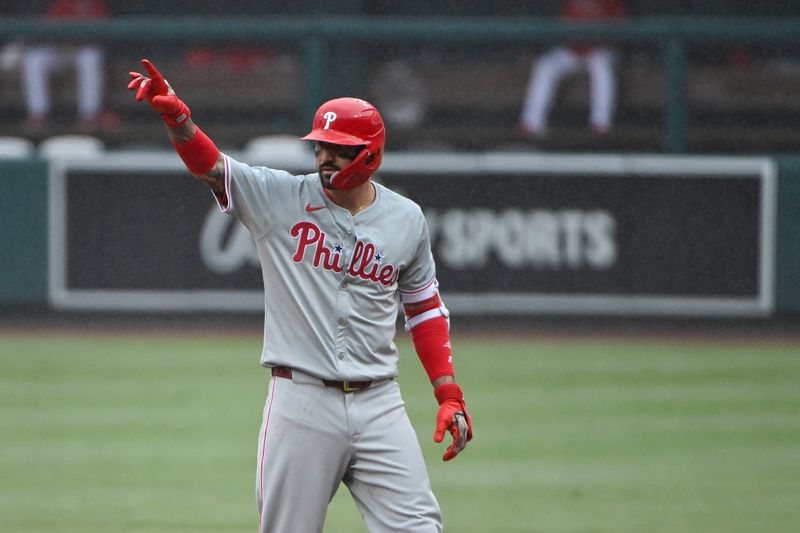 Apr 10, 2024; St. Louis, Missouri, USA;  Philadelphia Phillies right fielder Nick Castellanos (8) reacts after hitting a one run single against the St. Louis Cardinals during the sixth inning at Busch Stadium. Mandatory Credit: Jeff Curry-USA TODAY Sports