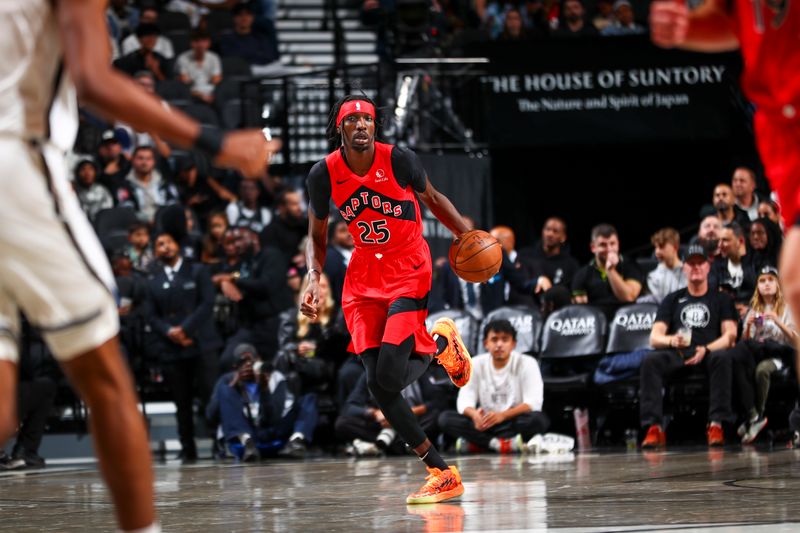 BROOKLYN, NY - OCTOBER 18: Chris Boucher #25 of the Toronto Raptors dribbles the ball during the game on October 18, 2024 at Barclays Center in Brooklyn, New York. NOTE TO USER: User expressly acknowledges and agrees that, by downloading and or using this Photograph, user is consenting to the terms and conditions of the Getty Images License Agreement. Mandatory Copyright Notice: Copyright 2024 NBAE (Photo by David L. Nemec/NBAE via Getty Images)