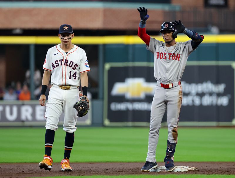 Aug 21, 2024; Houston, Texas, USA;  Boston Red Sox shortstop Ceddanne Rafaela (43) reacts to his RBI double against the Houston Astros at Minute Maid Park. Mandatory Credit: Thomas Shea-USA TODAY Sports