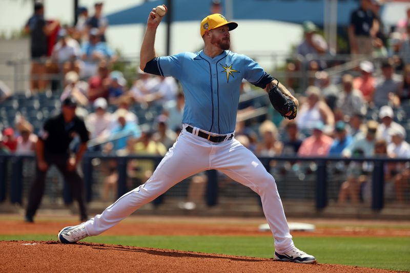 Mar 18, 2024; Port Charlotte, Florida, USA;  Tampa Bay Rays pitcher Chris Devenski (48) throws a pitch during the first inning against the Atlanta Braves at Charlotte Sports Park. Mandatory Credit: Kim Klement Neitzel-USA TODAY Sports