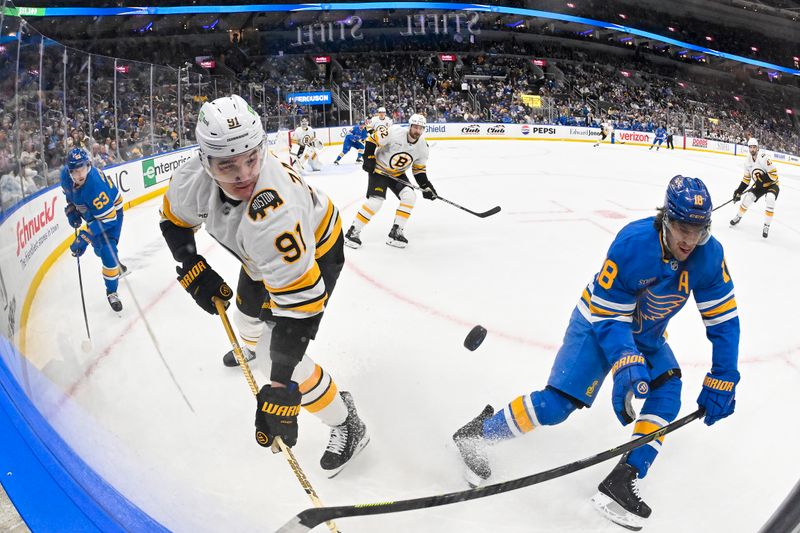 Dec 9, 2025; St. Louis, Missouri, USA; Boston Bruins defenseman Nikita Zadorov (91) and St. Louis Blues center Robert Thomas (18) battle for the puck during the second period at Enterprise Center. Mandatory Credit: Jeff Curry-Imagn Images
