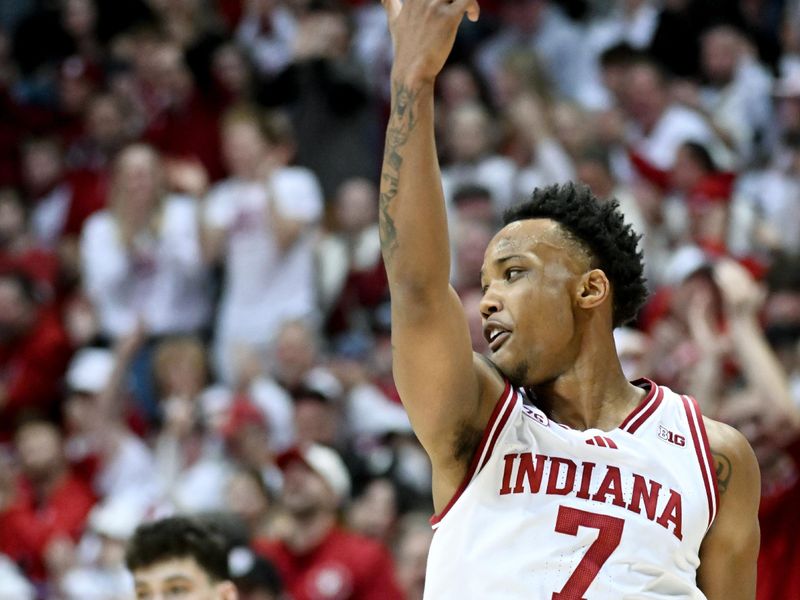 Jan 27, 2026; Bloomington, Indiana, USA; Indiana Hoosiers guard Nick Dorn (7) celebrates after a three-point basket against the Purdue Boilermakers during the second half at Simon Skjodt Assembly Hall. Mandatory Credit: Robert Goddin-Imagn Images
