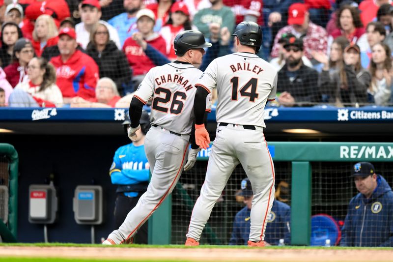 May 3, 2024; Philadelphia, Pennsylvania, USA; San Francisco Giants third baseman Matt Chapman (26) and San Francisco Giants catcher Patrick Bailey (14) score a run on a two RBI double by San Francisco Giants second baseman Thairo Estrada (not pictured) during the second inning against the Philadelphia Phillies at Citizens Bank Park. Mandatory Credit: John Jones-USA TODAY Sports