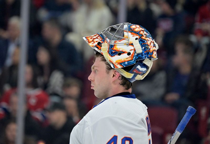 Jan 25, 2024; Montreal, Quebec, CAN; New York Islanders goalie Semyon Varlamov (40) looks on during the first period of the game against the Montreal Canadiens at the Bell Centre. Mandatory Credit: Eric Bolte-USA TODAY Sports