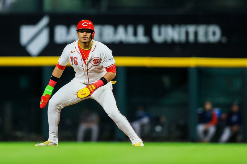 Sep 17, 2024; Cincinnati, Ohio, USA; Cincinnati Reds third baseman Noelvi Marte (16) leads off from first in the fourth inning against the Atlanta Braves at Great American Ball Park. Mandatory Credit: Katie Stratman-Imagn Images