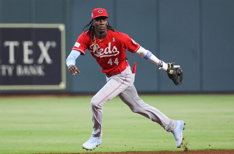 Jun 18, 2023; Houston, Texas, USA; Cincinnati Reds shortstop Elly De La Cruz (44) fields a ground ball during the fourth inning against the Houston Astros at Minute Maid Park. Mandatory Credit: Troy Taormina-USA TODAY Sports