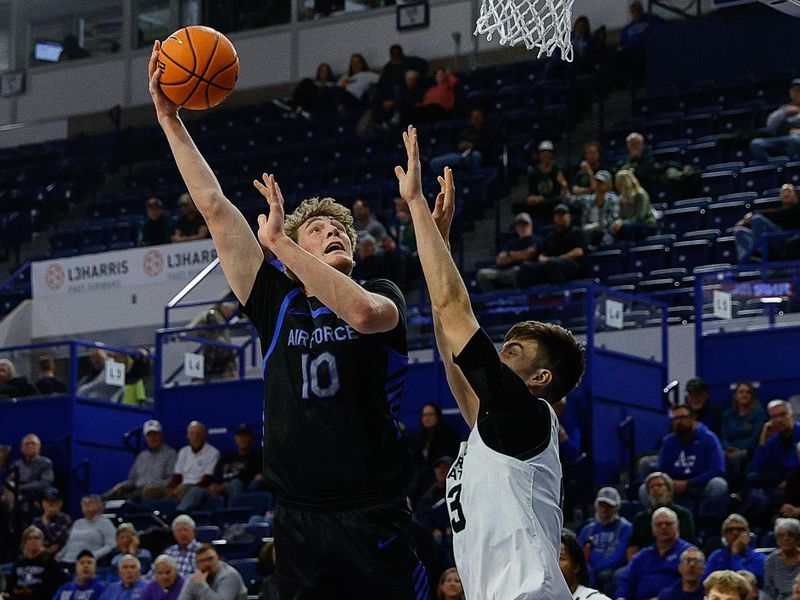 Feb 25, 2025; Colorado Springs, Colorado, USA; Air Force Falcons forward Caleb Walker (10) attempts a shot as Colorado State Rams center Nikola Djapa (23) defends in the second half at Clune Arena. Mandatory Credit: Isaiah J. Downing-Imagn Images