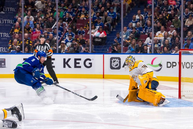 Apr 21, 2024; Vancouver, British Columbia, CAN; Nashville Predators goalie Juuse Saros (74) makes a save on Vancouver Canucks forward J.T. Miller (9) in the third period in game one of the first round of the 2024 Stanley Cup Playoffs at Rogers Arena. Mandatory Credit: Bob Frid-USA TODAY Sports