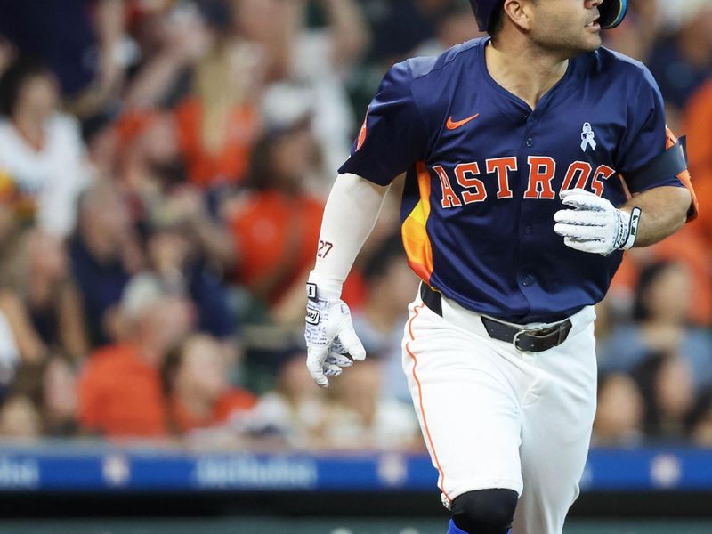 Jun 16, 2024; Houston, Texas, USA; Houston Astros second baseman Jose Altuve (27) hits a three run home run against the Detroit Tigers in the second inning at Minute Maid Park. Mandatory Credit: Thomas Shea-USA TODAY Sports