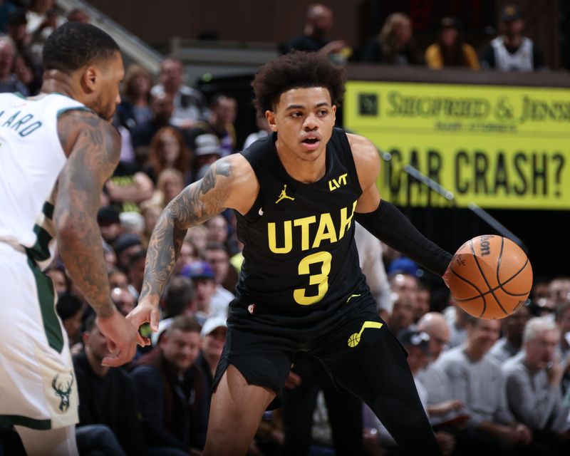 SALT LAKE CITY, UT - FEBRUARY 4: Keyonte George #3 of the Utah Jazz dribbles the ball during the game against the Milwaukee Bucks on February 4, 2024 at Delta Center in Salt Lake City, Utah. NOTE TO USER: User expressly acknowledges and agrees that, by downloading and or using this Photograph, User is consenting to the terms and conditions of the Getty Images License Agreement. Mandatory Copyright Notice: Copyright 2024 NBAE (Photo by Melissa Majchrzak/NBAE via Getty Images)