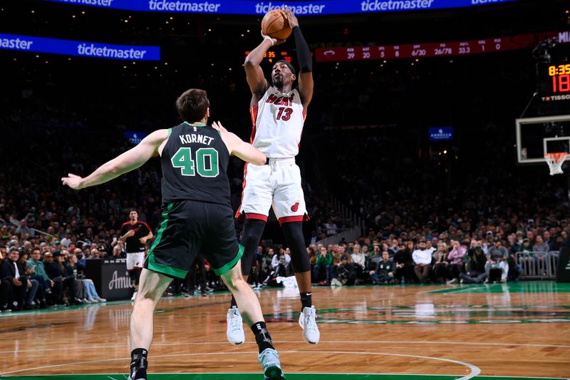 BOSTON, MA - DECEMBER 2: Bam Adebayo #13 of the Miami Heat shoots the ball during the game against the Boston Celtics on December 2, 2024 at TD Garden in Boston, Massachusetts. NOTE TO USER: User expressly acknowledges and agrees that, by downloading and/or using this Photograph, user is consenting to the terms and conditions of the Getty Images License Agreement. Mandatory Copyright Notice: Copyright 2024 NBAE (Photo by Brian Babineau/NBAE via Getty Images)