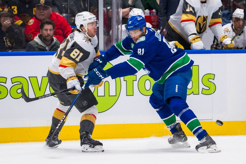 Apr 8, 2024; Vancouver, British Columbia, CAN; Vancouver Canucks forward Dakota Joshua (81) checks Vegas Golden Knights forward Jonathan Marchessault (81) in the third period at Rogers Arena. Canucks won 4 -3. Mandatory Credit: Bob Frid-USA TODAY Sports