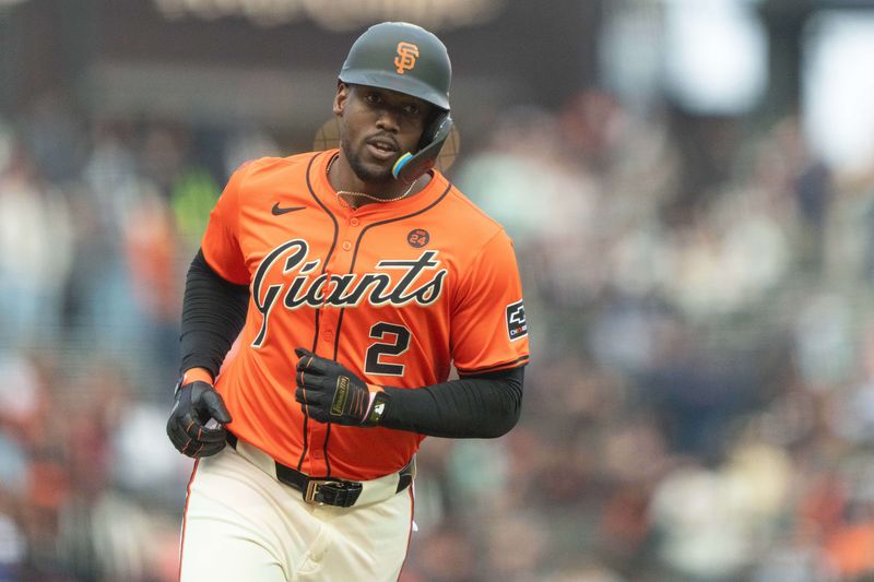 Jul 26, 2024; San Francisco, California, USA;  San Francisco Giants designated hitter Jorge Soler (2) jogs the bases after hitting a solo home run during the first inning against the Colorado Rockies at Oracle Park. Mandatory Credit: Stan Szeto-USA TODAY Sports