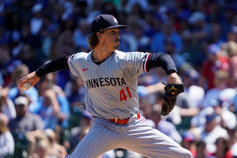 Aug 7, 2024; Chicago, Illinois, USA; Minnesota Twins pitcher Joe Ryan (41) throws against the Chicago Cubs during the first inning at Wrigley Field. Mandatory Credit: David Banks-USA TODAY Sports