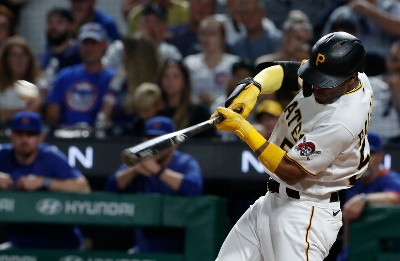 Aug 26, 2023; Pittsburgh, Pennsylvania, USA;  Pittsburgh Pirates right fielder Joshua Palacios (54) hits a single  against the Chicago Cubs during the seventh inning at PNC Park. Mandatory Credit: Charles LeClaire-USA TODAY Sports