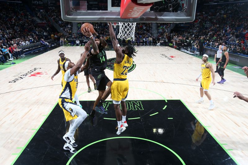 NEW ORLEANS, LA - MARCH 1:  Brandon Ingram #14 of the New Orleans Pelicans drives to the basket during the game against the Indiana Pacers on March 1, 2024 at the Smoothie King Center in New Orleans, Louisiana. NOTE TO USER: User expressly acknowledges and agrees that, by downloading and or using this Photograph, user is consenting to the terms and conditions of the Getty Images License Agreement. Mandatory Copyright Notice: Copyright 2024 NBAE (Photo by Layne Murdoch Jr./NBAE via Getty Images)