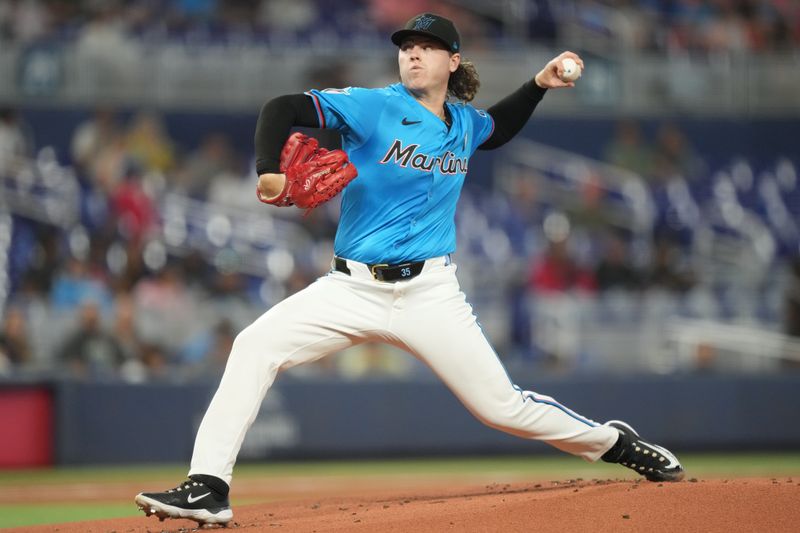 Jun 1, 2025; Miami, Florida, USA;  Miami Marlins pitcher Ryan Weathers (35) pitches against the San Francisco Giants in the first inning at loanDepot Park. Mandatory Credit: Jim Rassol-Imagn Images
