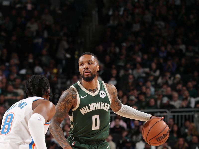 MILWAUKEE, WI - MARCH 24: Damian Lillard #0 of the Milwaukee Bucks handles the ball during the game against the Oklahoma City Thunder on March 24, 2024 at the Fiserv Forum Center in Milwaukee, Wisconsin. NOTE TO USER: User expressly acknowledges and agrees that, by downloading and or using this Photograph, user is consenting to the terms and conditions of the Getty Images License Agreement. Mandatory Copyright Notice: Copyright 2024 NBAE (Photo by Gary Dineen/NBAE via Getty Images).