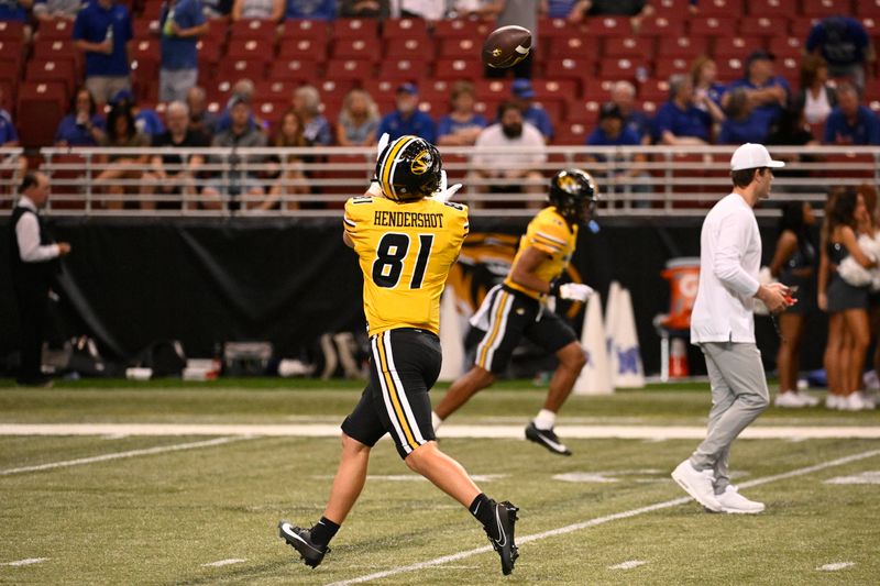 Sep 23, 2023; St. Louis, Missouri, USA; Missouri Tigers tight end Shawn Hendershot (81) makes a catch during warm up prior to a game against the Memphis Tigers at The Dome at America's Center. Mandatory Credit: Joe Puetz-USA TODAY Sports