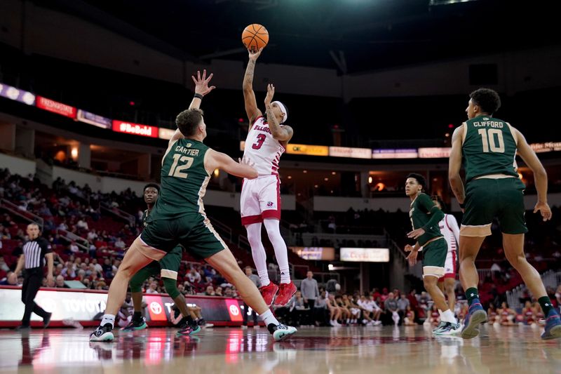 Feb 3, 2024; Fresno, California, USA; Fresno State Bulldogs guard Isaiah Hill (3) makes a shot over Colorado State Rams forward Patrick Cartier (12) in the second half at the Save Mart Center. Mandatory Credit: Cary Edmondson-USA TODAY Sports