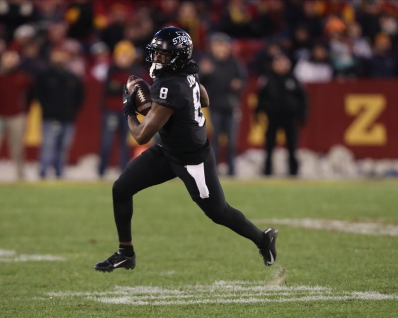 Nov 16, 2019; Ames, IA, USA; Iowa State Cyclones wide receiver Deshaunte Jones (8) catches a pass against the Texas Longhorns at Jack Trice Stadium. The Cyclones beat the Longhorns 23 to 21.  Mandatory Credit: Reese Strickland-USA TODAY Sports