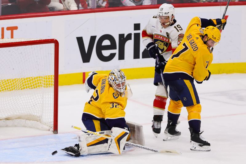 Mar 21, 2024; Sunrise, Florida, USA; Nashville Predators goaltender Kevin Lankinen (32) makes a save against the Florida Panthers during the third period at Amerant Bank Arena. Mandatory Credit: Sam Navarro-USA TODAY Sports