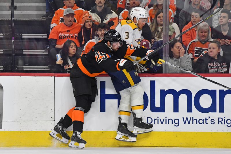 Dec 21, 2023; Philadelphia, Pennsylvania, USA; Philadelphia Flyers center Ryan Poehling (25) checks Nashville Predators defenseman Jeremy Lauzon (3) during the third period at Wells Fargo Center. Mandatory Credit: Eric Hartline-USA TODAY Sports