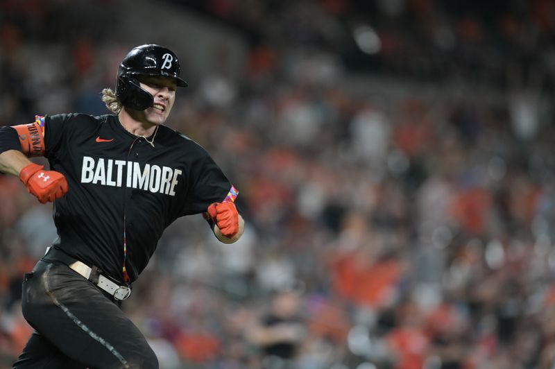 Aug 25, 2023; Baltimore, Maryland, USA;  Baltimore Orioles third baseman Gunnar Henderson (2) reacts after hitting a two run home run in the eighth inning against the Colorado Rockies at Oriole Park at Camden Yards. Mandatory Credit: Tommy Gilligan-USA TODAY Sports