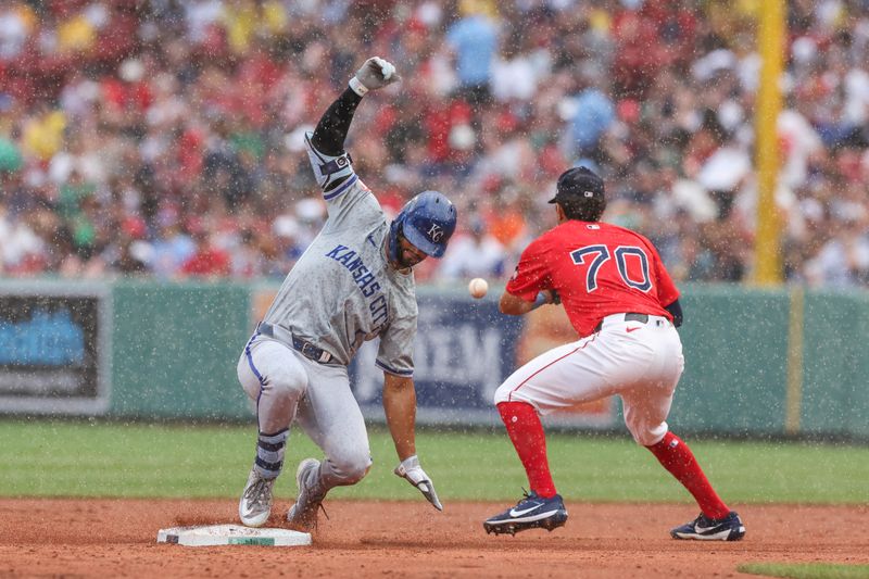 Jul 12, 2024; Boston, Massachusetts, USA; Kansas City Royals left fielder MJ Melendez (1) slides into second during the second inning against the Boston Red Sox at Fenway Park. Mandatory Credit: Paul Rutherford-USA TODAY Sports