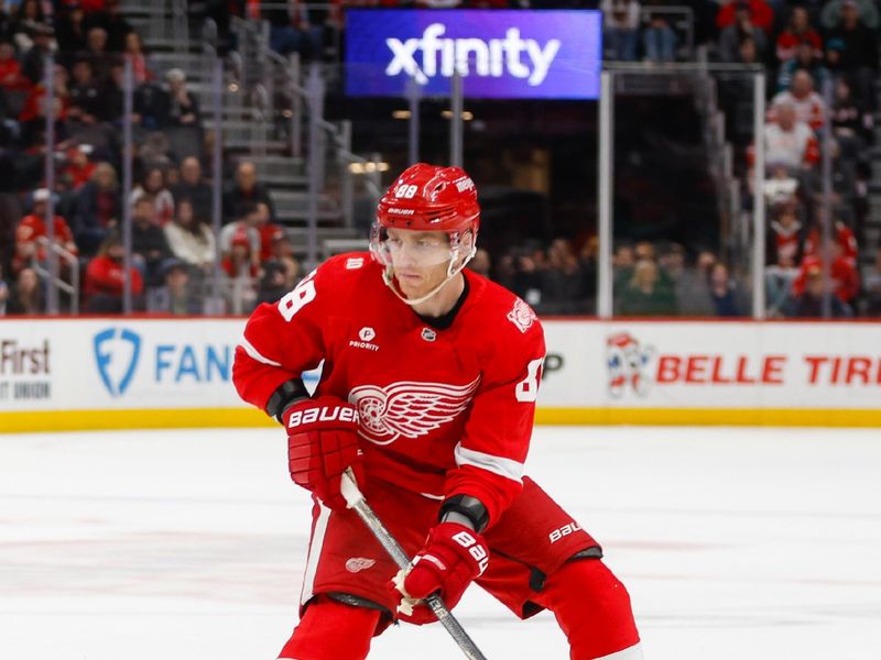Jan 16, 2026; Detroit, Michigan, USA; Detroit Red Wings right wing Patrick Kane (88) handles the puck during the second period against the San Jose Sharks at Little Caesars Arena. Mandatory Credit: Brian Bradshaw Sevald-Imagn Images