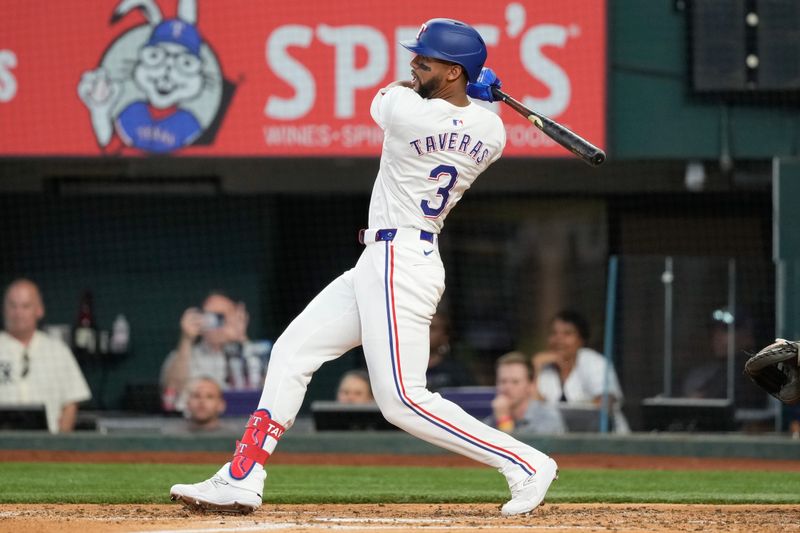 May 29, 2024; Arlington, Texas, USA; Texas Rangers center fielder Leody Taveras (3) follows through on his single against the Arizona Diamondbacks during the fourth inning at Globe Life Field. Mandatory Credit: Jim Cowsert-USA TODAY Sports