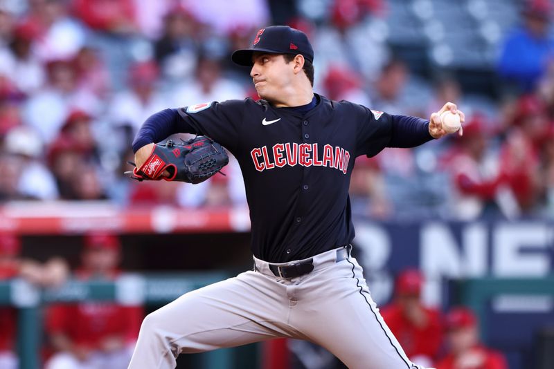 May 24, 2024; Anaheim, California, USA; Cleveland Guardians pitcher Logan Allen (41) throws against a Los Angeles Angels batter during first inning of a game at Angel Stadium. Mandatory Credit: Jessica Alcheh-USA TODAY Sports