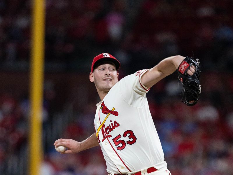 Sep 30, 2023; St. Louis, Missouri, USA; St. Louis Cardinals relief pitcher Andre Pallante (53) pitches against the Cincinnati Reds at Busch Stadium. Mandatory Credit: Zach Dalin-USA TODAY Sports