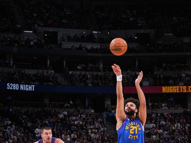 DENVER, CO - MARCH 5: Jamal Murray #27 of the Denver Nuggets shoots a free throw during the game against the Sacramento Kings on March 5, 2025 at Ball Arena in Denver, Colorado. NOTE TO USER: User expressly acknowledges and agrees that, by downloading and/or using this Photograph, user is consenting to the terms and conditions of the Getty Images License Agreement. Mandatory Copyright Notice: Copyright 2025 NBAE (Photo by Garrett Ellwood/NBAE via Getty Images)