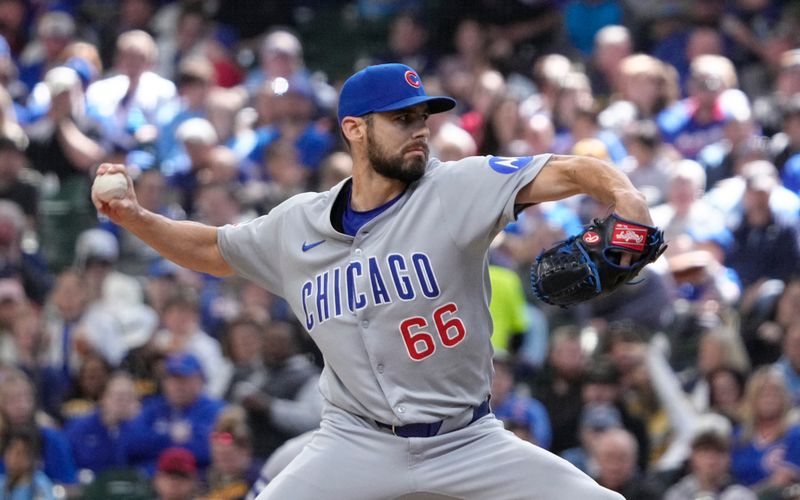 May 4, 2025; Milwaukee, Wisconsin, USA; Chicago Cubs pitcher Julian Merryweather (66) delivers a pitch against the Milwaukee Brewers in the sixth inning at American Family Field. Mandatory Credit: Michael McLoone-Imagn Images