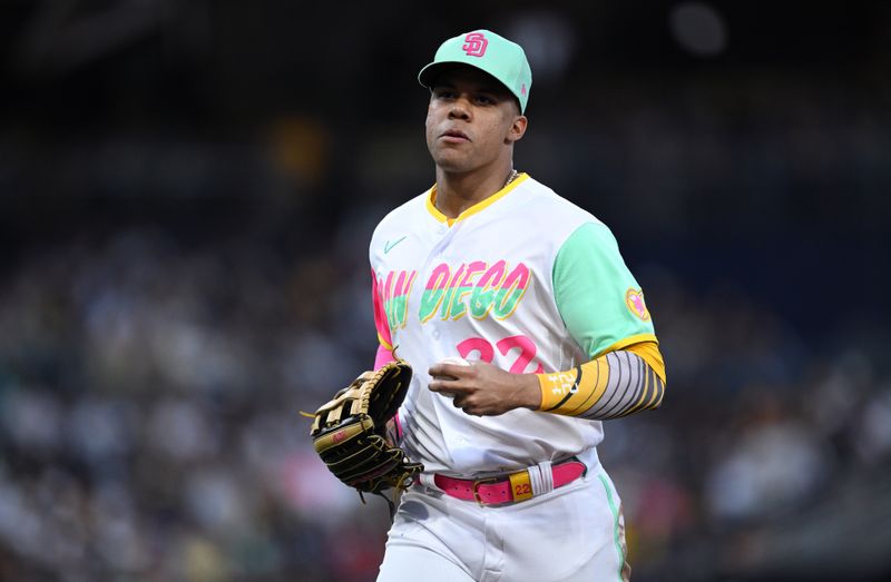 Jun 23, 2023; San Diego, California, USA; San Diego Padres left fielder Juan Soto (22) looks on during the fifth inning against the Washington Nationals at Petco Park. Mandatory Credit: Orlando Ramirez-USA TODAY Sports