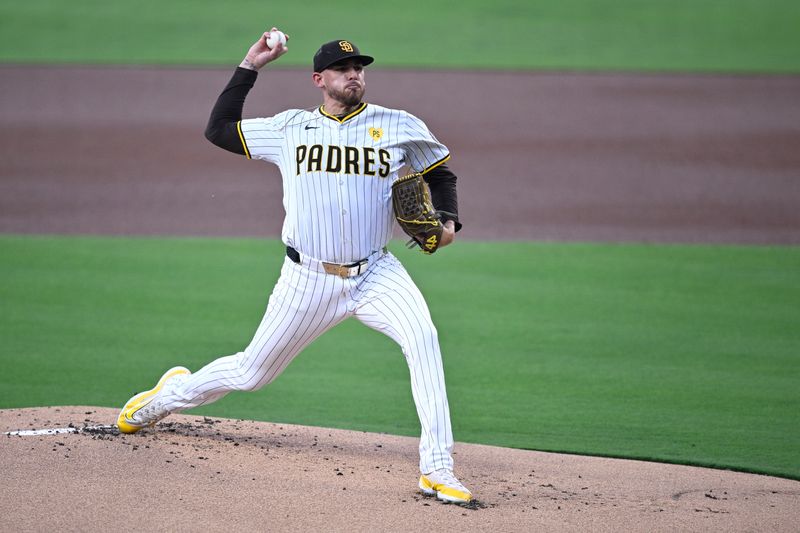 Aug 12, 2024; San Diego, California, USA; San Diego Padres starting pitcher Joe Musgrove (44) pitches against the Pittsburgh Pirates during the first inning at Petco Park. Mandatory Credit: Orlando Ramirez-USA TODAY Sports 